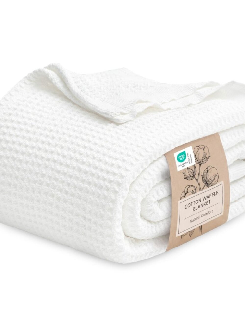 100% Cotton Blanket, Waffle Weave, Queen Size, White, 90"x90"